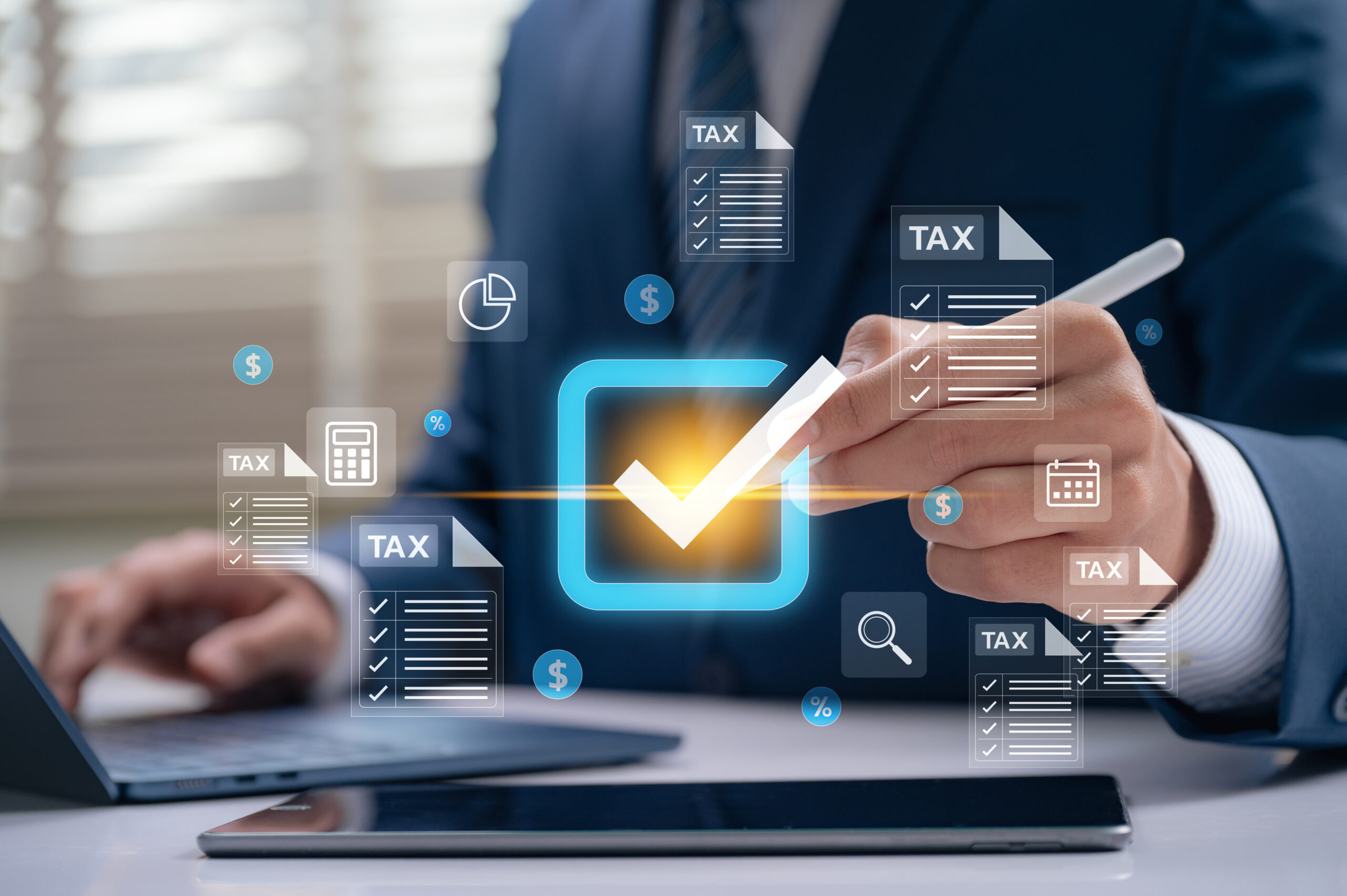 Professional businessman approving tax checklist with stylus on digital screen, managing financial documents, verifying tax filing accuracy, and ensuring compliance during electronic return season